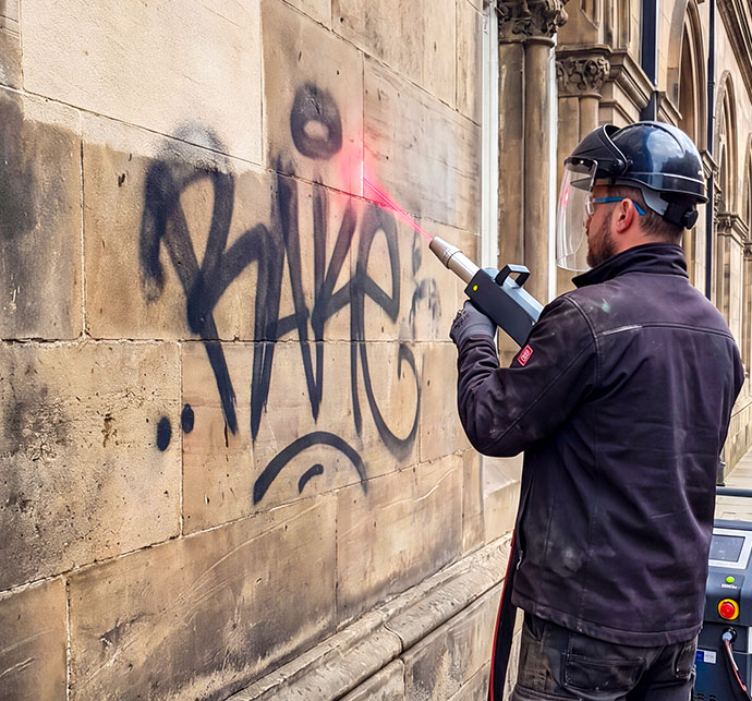 Técnico de Decalaser realizando limpieza láser de grafiti en una fachada de piedra de un edificio histórico