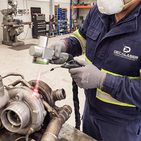 Técnico de limpieza láser en Vigo trabajando sobre una pieza industrial metálica