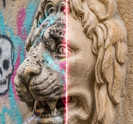 Antes y después de la limpieza láser en escultura de piedra con grafiti en Granada
