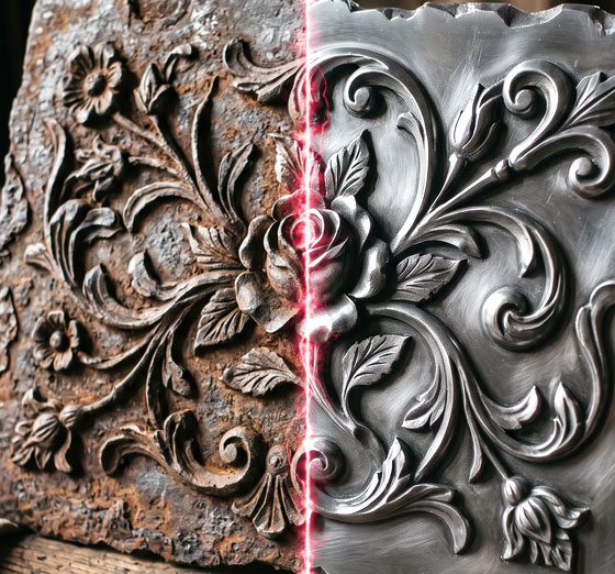 Antes y después de la limpieza láser en una pieza metálica ornamental en Almería