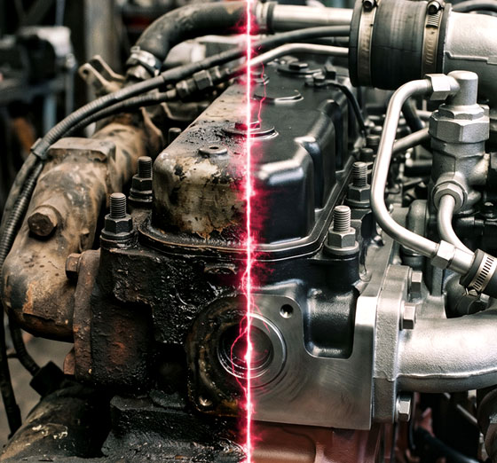 Antes y después de la limpieza láser en un motor industrial en Sevilla