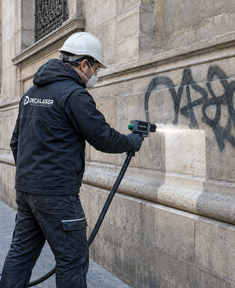 Técnico realizando limpieza láser de grafiti en una fachada de piedra en Pamplona